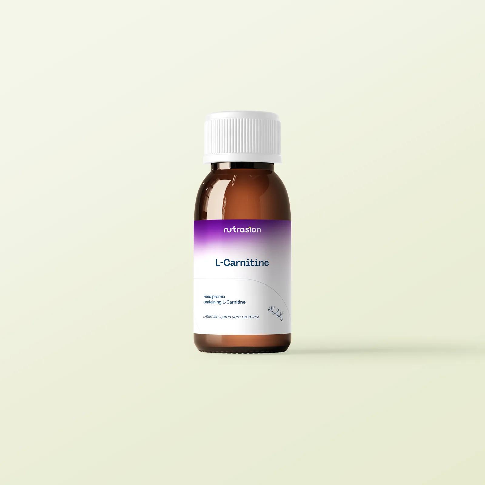 Nutrasion L-Carnitine amber cam şişesinin önden yakın çekimi; beyaz kapak ve mor degrade etiket görünüyor